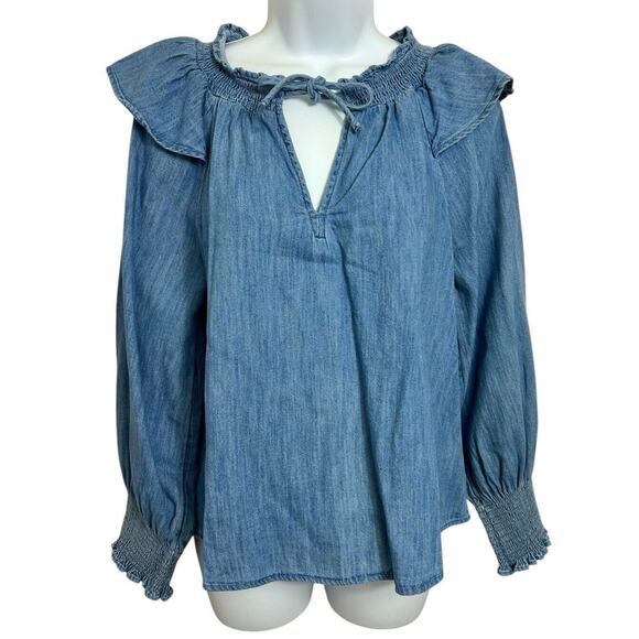 Old Navy Puff Sleeve Non-Stretch Jean Ruffle-Trimmed Poet Blouse Sz Small Denim - Picture 4 of 10